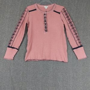 SUNDANCE WOMENS PINK NAVY BLUE GUIDING PATHS LONG SLEEVE EMBROIDERED HENLEY XS